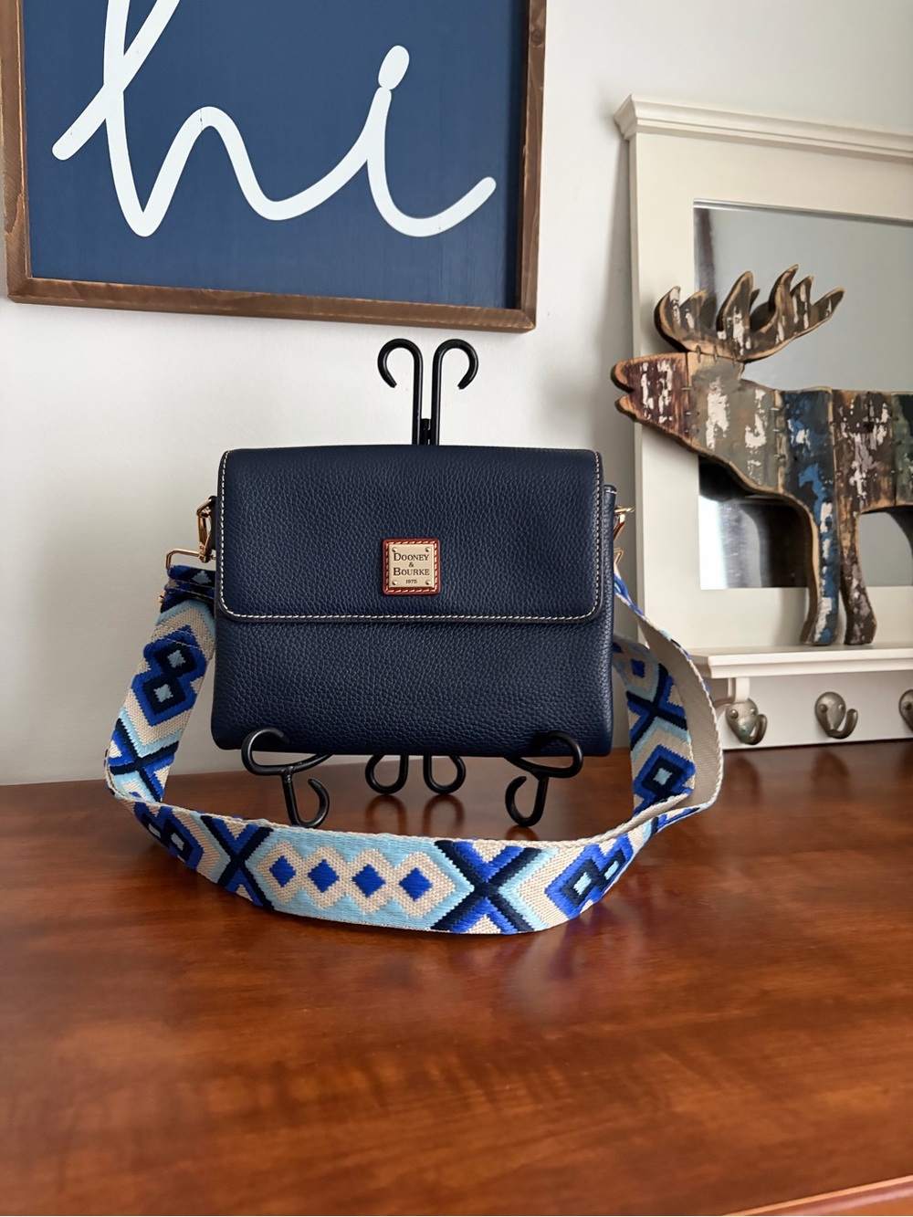 Dooney & Bourke Navy Pebbled Leather Crossbody with Blue Patterned Strap
